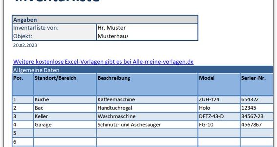 Inventarliste für Excel, kostenlose Vorlage
