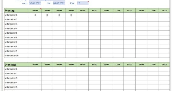 Dienstplan / Schichtplan als Excel-Vorlage