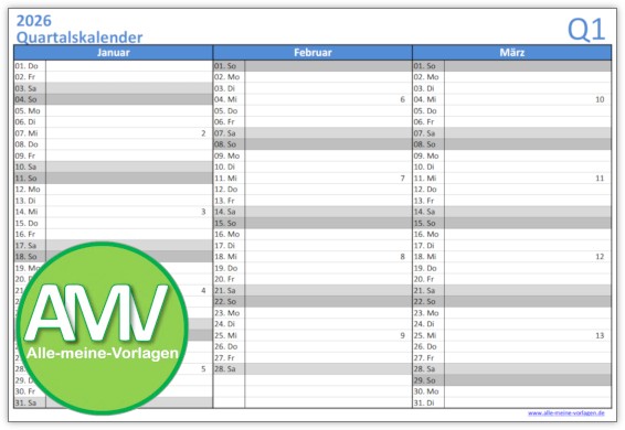 Vorlage Quartalskalender für Excel