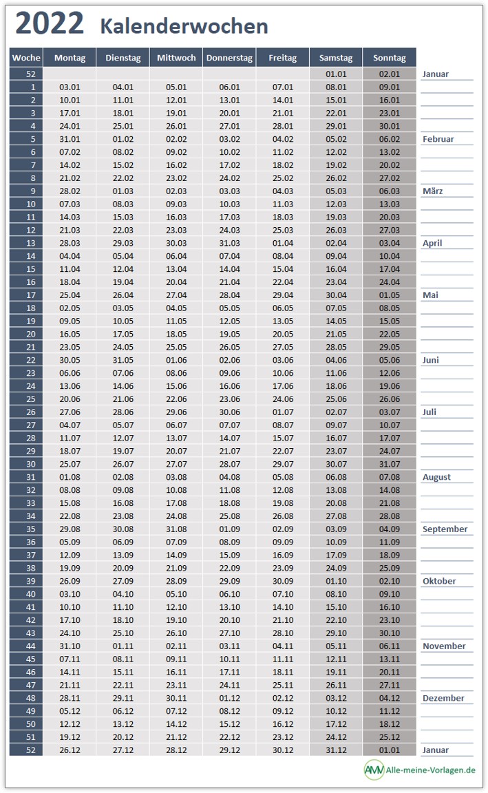 Kalenderwochen – Vorlage für ein beliebiges Jahr - Alle-meine-Vorlagen.de