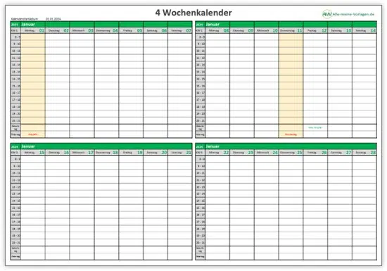 Wochenkalender für 4 Wochen zum Ausdrucken in Excel - Alle-meine