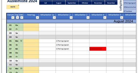 Ausleihliste für Excel – Gegenstände ausleihen