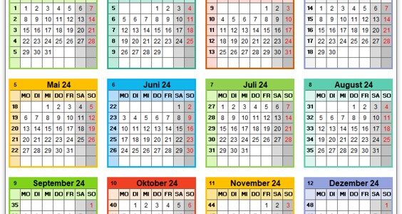 Bunter Jahreskalender 2024 mit Platz für Notizen