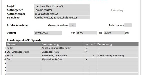 Abnahmeprotokoll kostenlose Vorlage für Excel