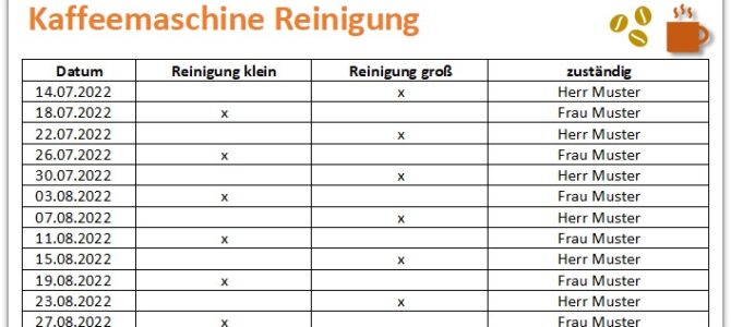 Reinigung und Pflege der Kaffeemaschine – Excel Vorlage