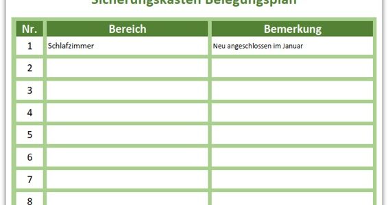 Sicherungskasten Belegungsplan als Excel-Vorlage und PDF