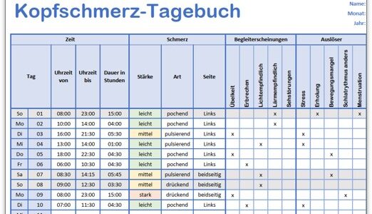 Kopfschmerztagebuch für Excel und als PDF-Download