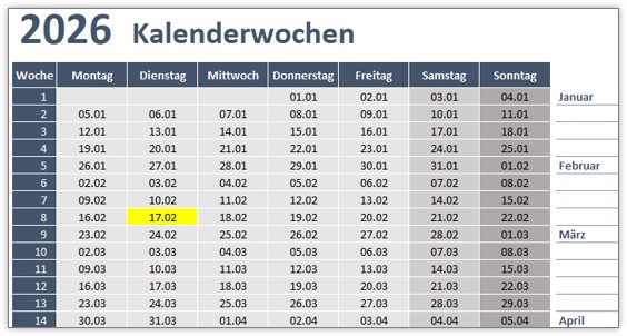 Kalenderwochen 2026 - Vorlage für ein beliebiges Jahr.