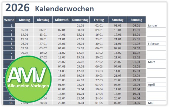 Kalenderwochen – Vorlage für ein beliebiges Jahr