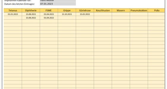 Impftermine – Kalender mit Erinnerungsfunktion für Excel