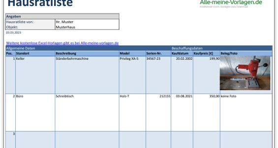Hausratliste in Excel mit kostenloser Vorlage führen