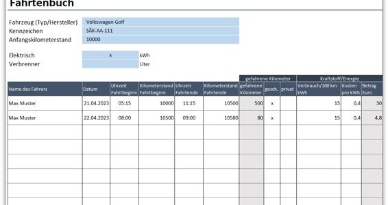 Fahrtenbuch Vorlage für Excel kostenlos