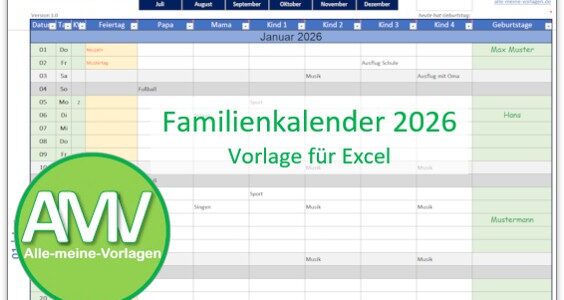 Familienkalender als Excel-Vorlage
