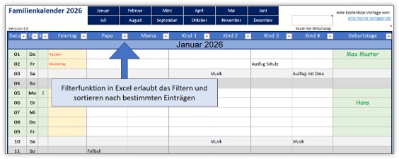 Familienkalender als Excel-Vorlage für das Jahr 2026.