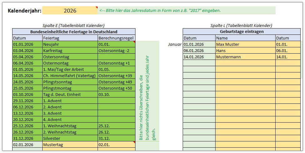 Familienkalender als Excel-Vorlage.