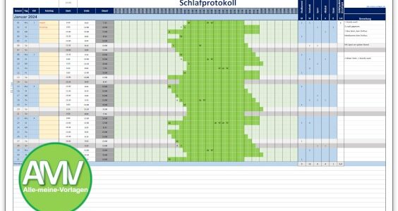 Schlafprotokoll / Schlaftagebuch als Excel Vorlage