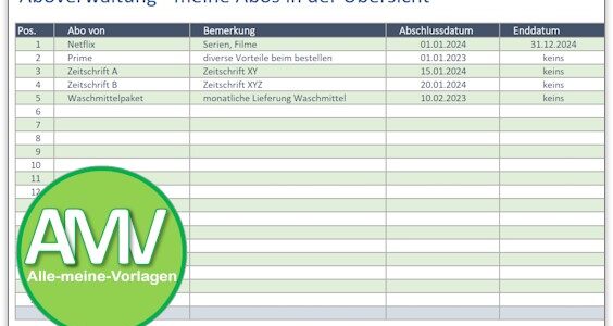 Abonnement Verwaltung – Excel Vorlage