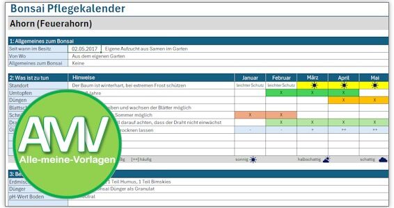 Bonsai Pflege mit Hilfe einer Excel Vorlage