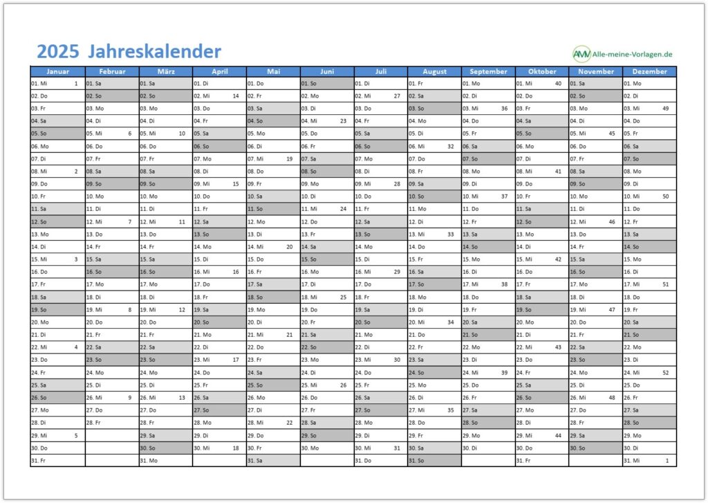  Kalender 2025 als Excel Vorlage und PDF - Alle-meine-Vorlagen.de Motiv 