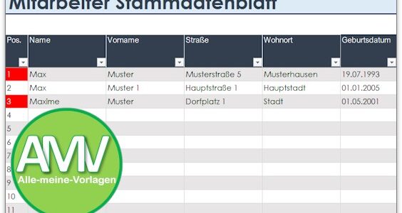 Mitarbeiter Stammdatenblatt für Excel