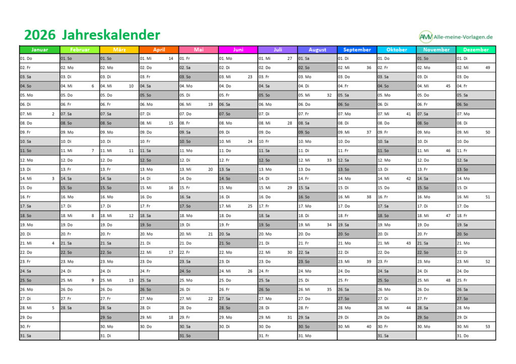 Kalender 2026 als Excel Vorlage und PDF AllemeineVorlagen.de