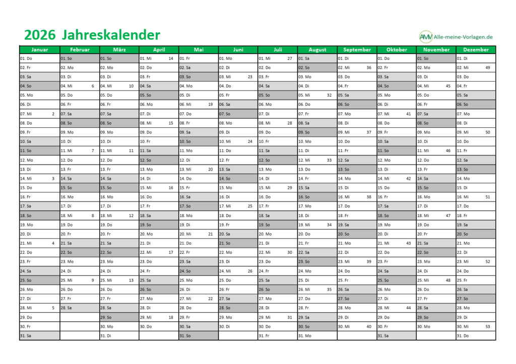  Kalender 2026 als Excel Vorlage und PDF - Alle-meine-Vorlagen.de Illustration 