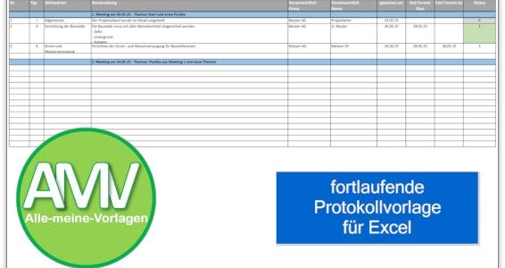 Fortlaufende Protokollvorlage für Excel