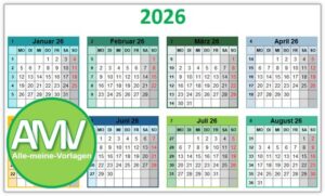 Bunter Jahreskalender Vorlage 2026.