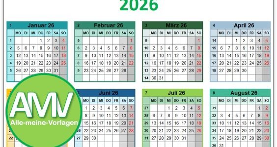 Bunter Jahreskalender 2026 – Kostenlose Vorlage für Excel   