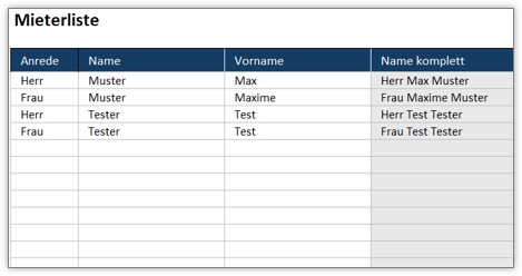 Excel-Vorlage für Mieteinnahmen - Mieterliste