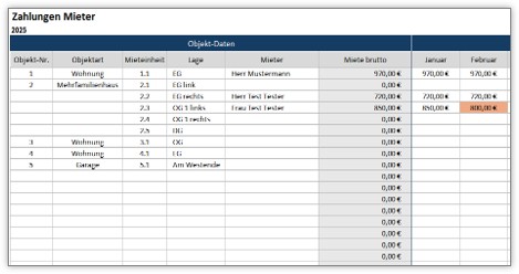 Excel-Vorlage für Mieteinnahmen - Zahlung