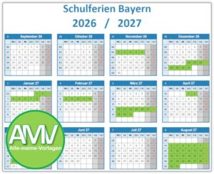 Schulferienkalender 2026/2027 als Excel Vorlage