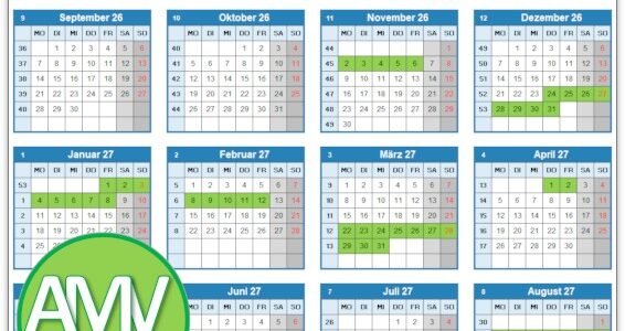 Schulferienkalender 2026/2027 – übersichtlicher Ferienkalender als Excel Vorlage
