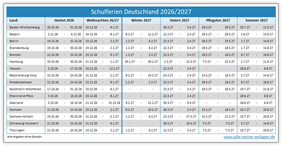 Schulferienkalender 2026/2027 - übersichtlicher Ferienkalender als Excel Vorlage