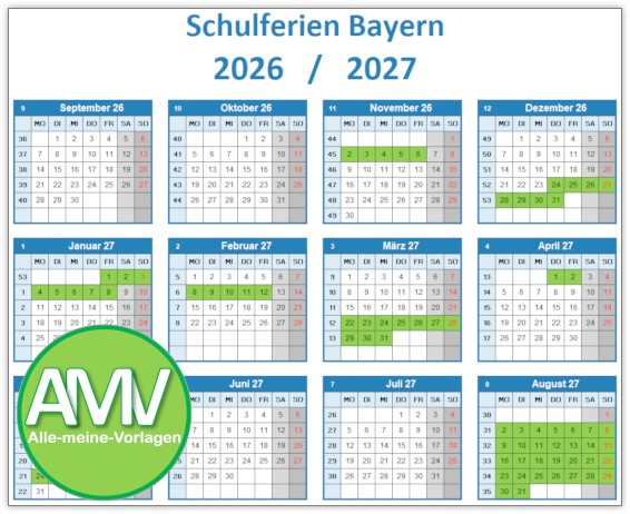 Schulferienkalender 2026/2027 - übersichtlicher Ferienkalender als Excel Vorlage