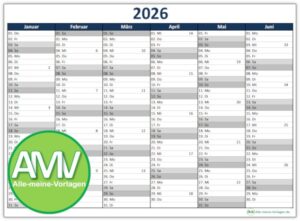 Einfacher Kalender 2026 – Excel Vorlage im A5-Format