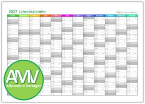 Kalender 2027 - kostenlose Vorlage für Excel und als PDF