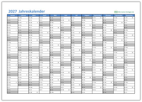Kalender 2027 - kostenlose Vorlage für Excel und als PDF in blau