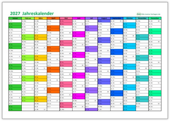 Kalender 2027 - kostenlose Vorlage für Excel und als PDF
