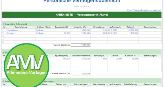 Vermögensübersicht als kostenlose Vorlage für Excel