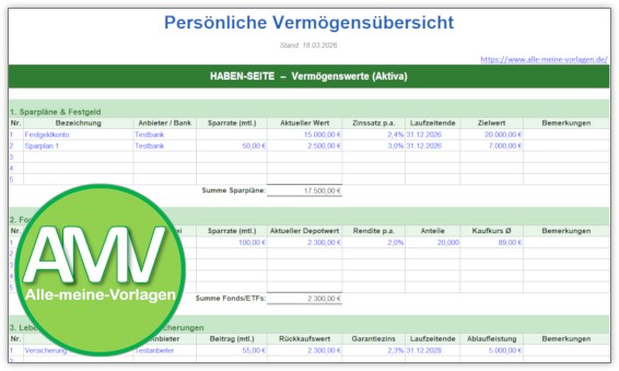 Vermögensübersicht als kostenlose Excel Vorlage