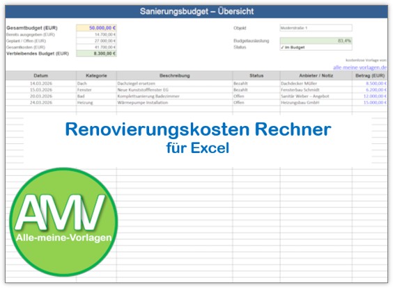 Renovierungskosten Rechner Excel – Budgetplaner für deine Hausrenovierung