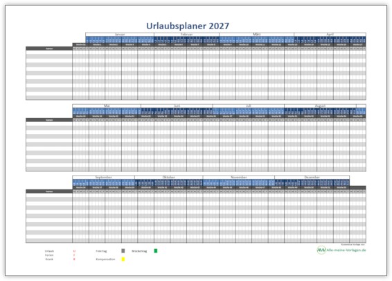 Urlaubsplaner 2027 – kostenlose Excel Vorlage