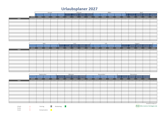 Urlaubsplaner 2027 – kostenlose Excel Vorlage
