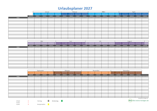 Urlaubsplaner 2027 – kostenlose Excel Vorlage in bunter Ausführung