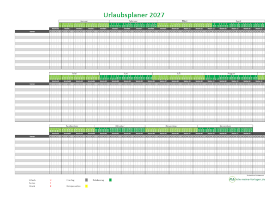 Urlaubsplaner 2027 – kostenlose Excel Vorlage