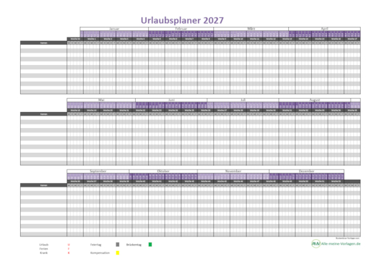 Urlaubsplaner 2027 – kostenlose Excel Vorlage