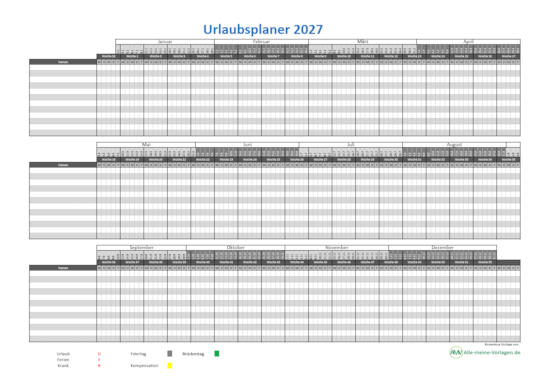 Urlaubsplaner 2027 – kostenlose Excel Vorlage