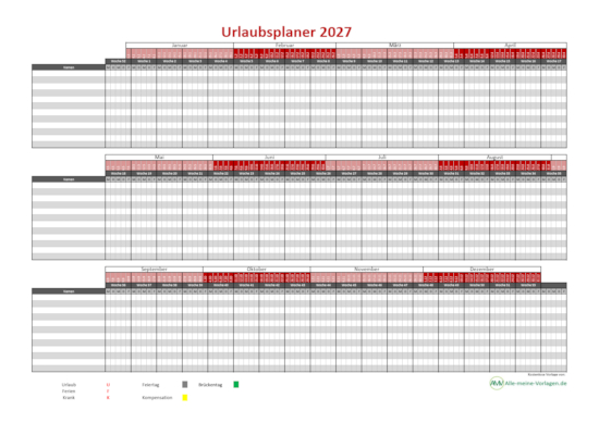 Urlaubsplaner 2027 – kostenlose Excel Vorlage