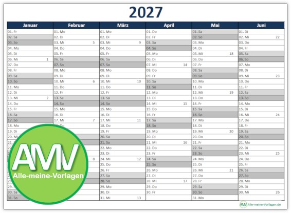 Einfacher Kalender 2027